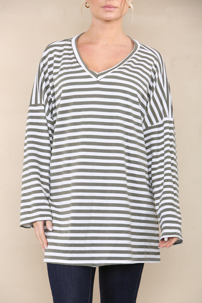 V-NECK STRIPED LONG SLEEVE TOP KHAKI