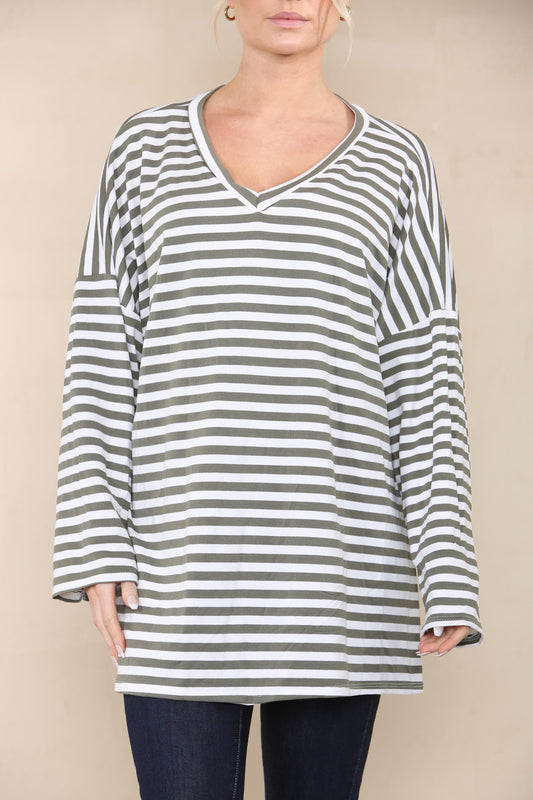 V-HALS GESTREEPT SHIRT LANGE MOUWEN KAKI