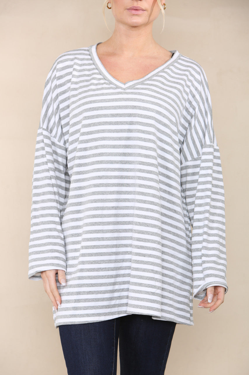 V-NECK STRIPED LONG SLEEVE TOP GREY