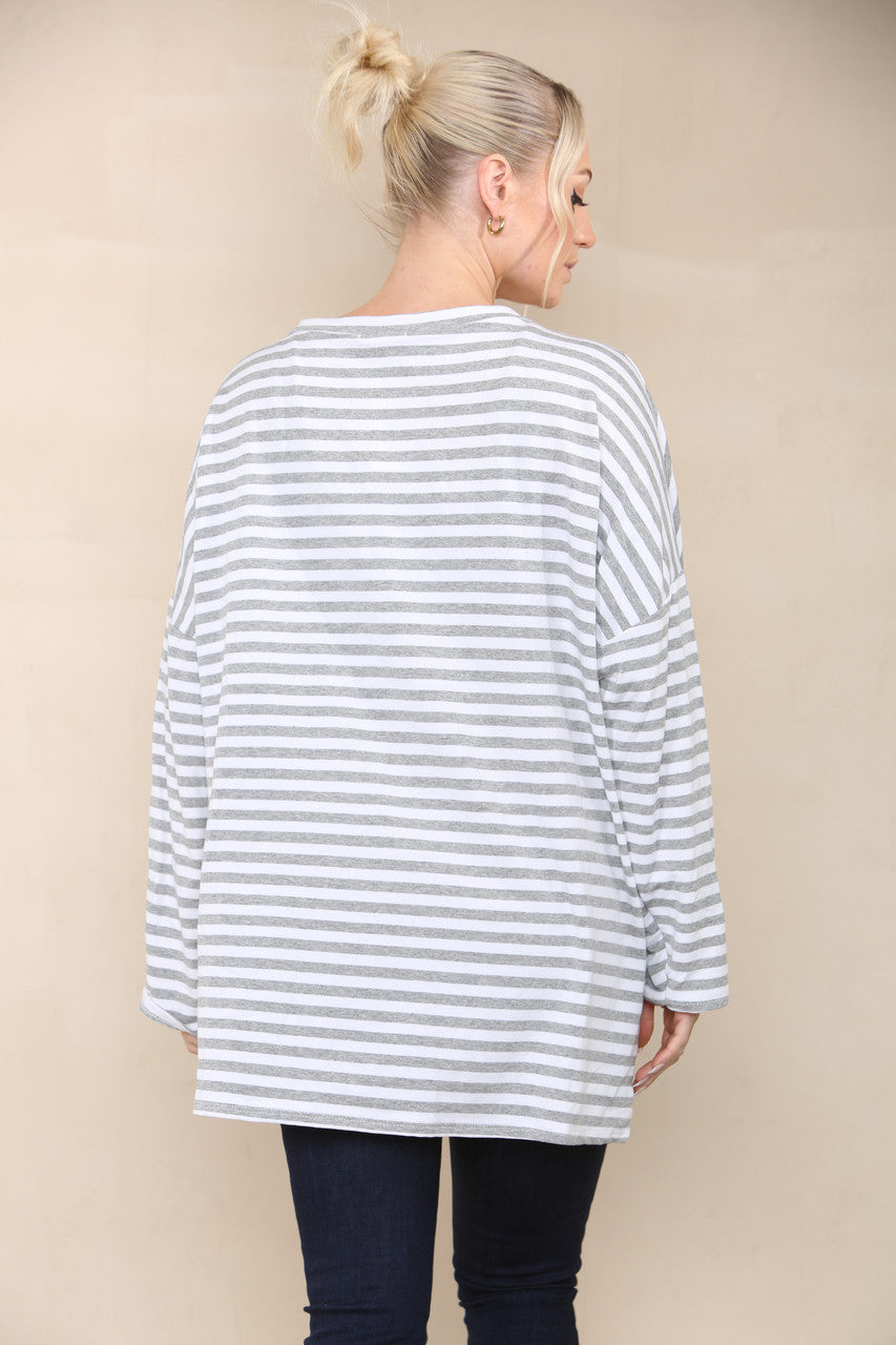 V-NECK STRIPED LONG SLEEVE TOP GREY