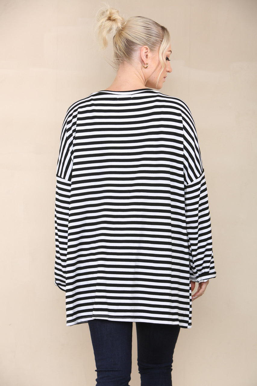 V-NECK STRIPED LONG SLEEVE TOP BLACK