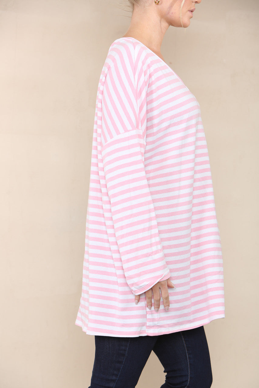 V-NECK STRIPED LONG SLEEVE TOP DUSTY PINK