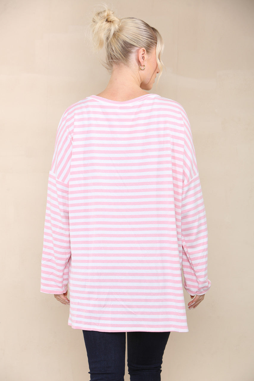 V-NECK STRIPED LONG SLEEVE TOP DUSTY PINK