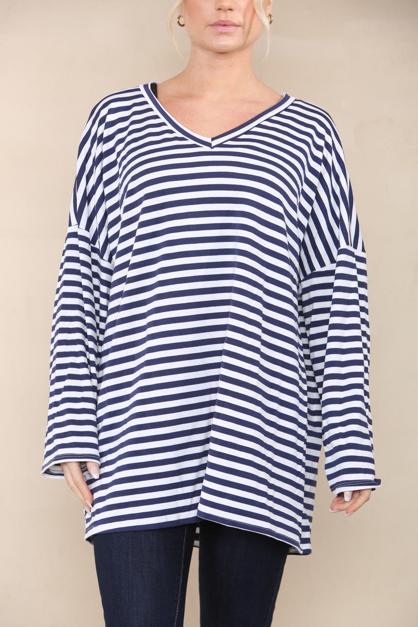 V-NECK STRIPED LONG SLEEVE TOP NAVY