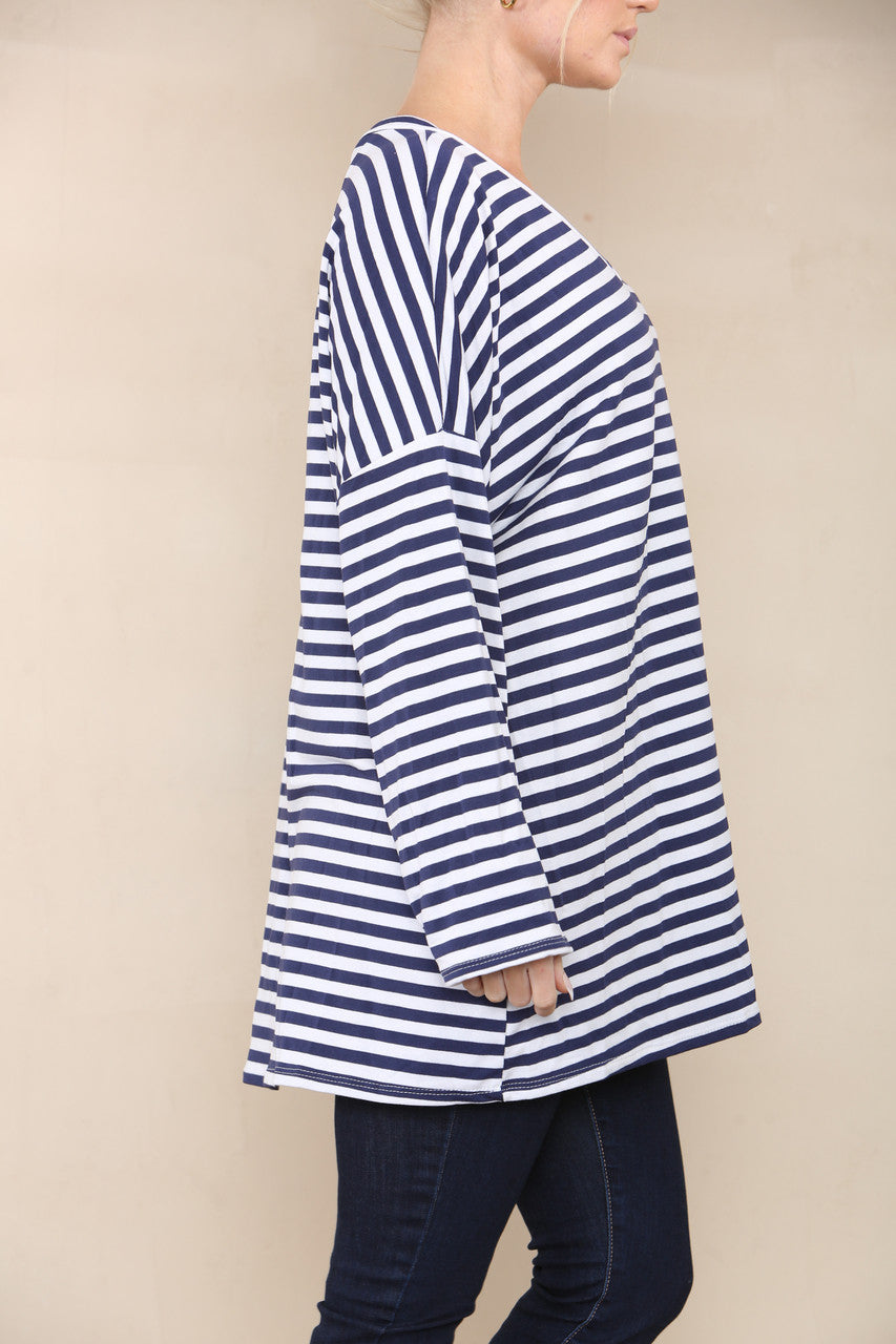 V-NECK STRIPED LONG SLEEVE TOP NAVY