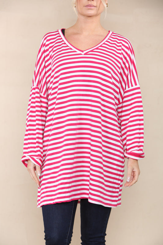 V-HALS GESTREEPTE TOP LANGE MOUWEN CERISE