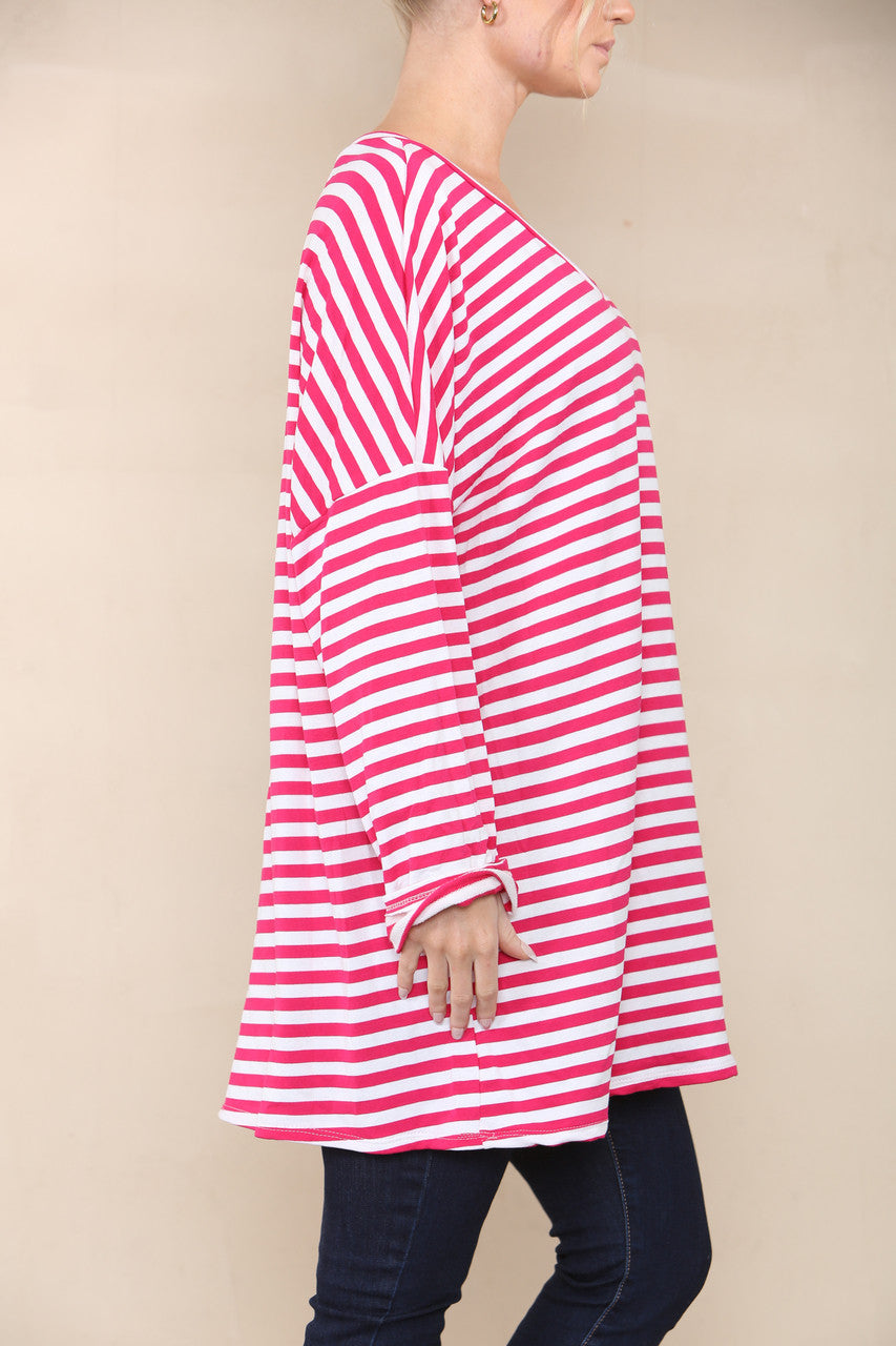 V-NECK STRIPED LONG SLEEVE TOP CERISE