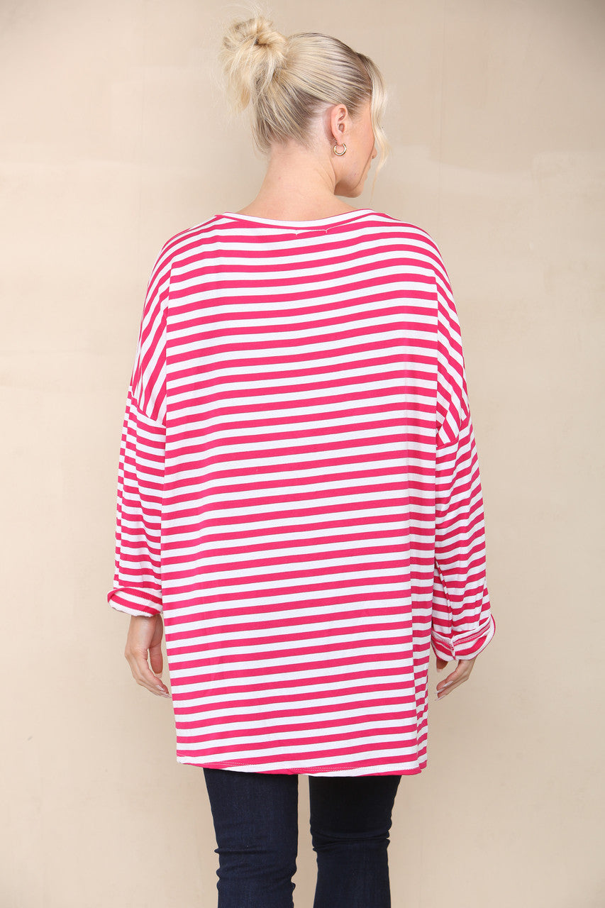V-NECK STRIPED LONG SLEEVE TOP CERISE