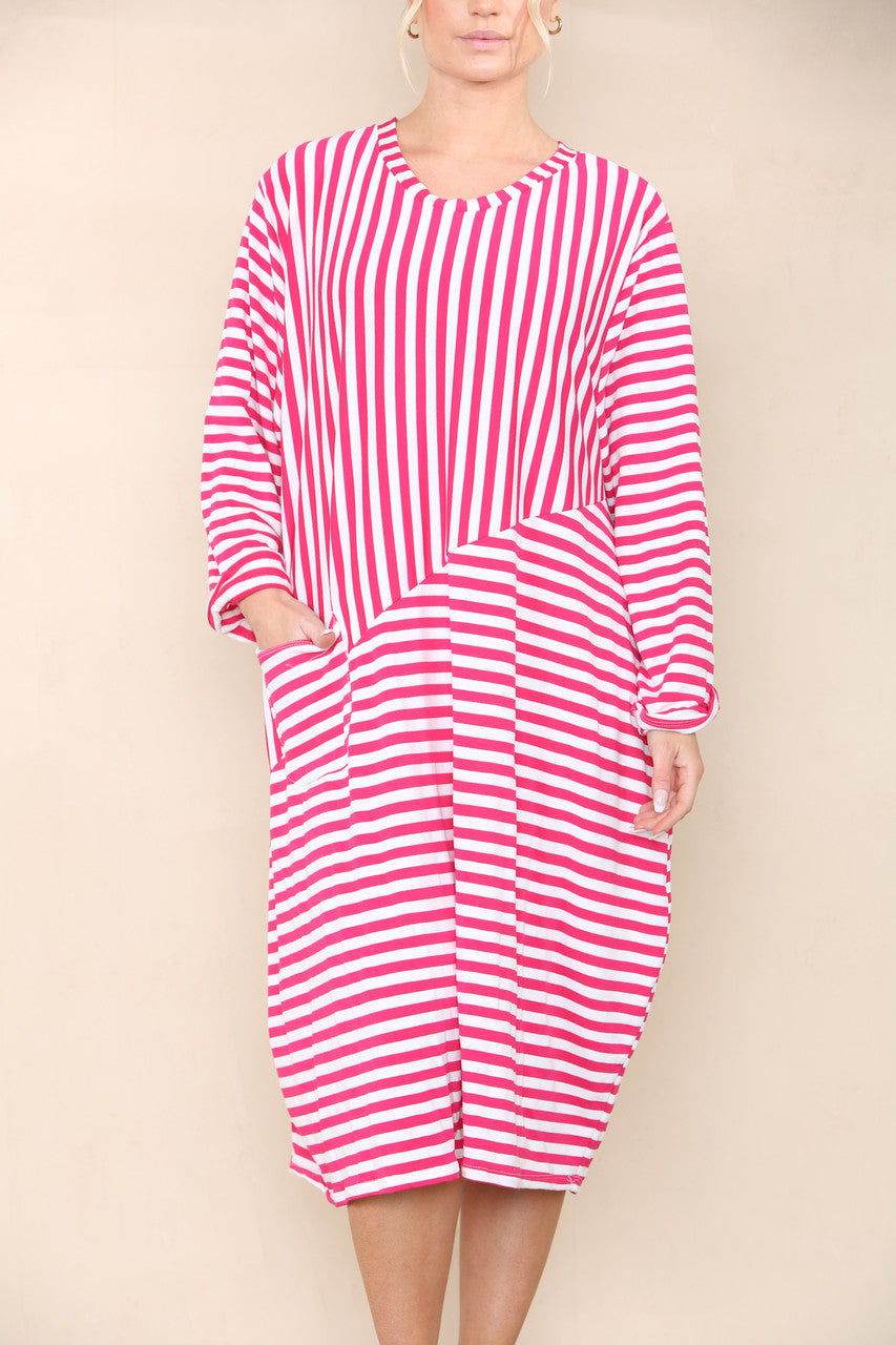 CONTRAST STRIPED DRESS CERISE