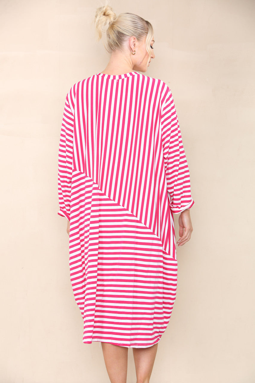 CONTRAST STRIPED DRESS CERISE