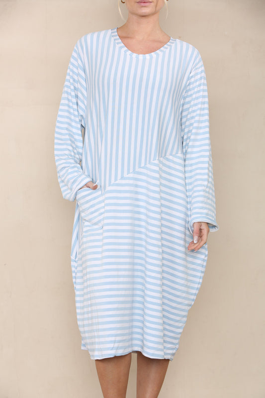CONTRAST STRIPED DRESS LIGHT BLUE