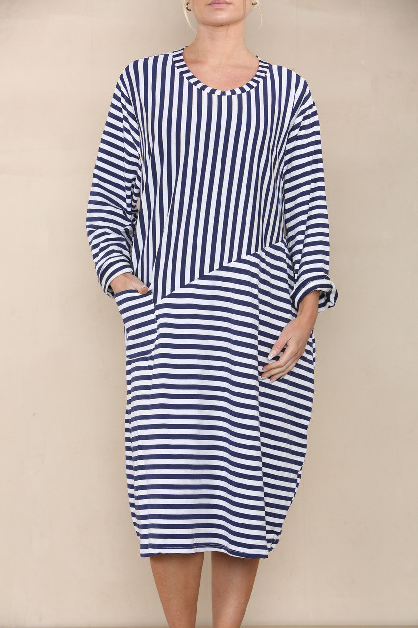 CONTRAST STRIPED DRESS NAVY