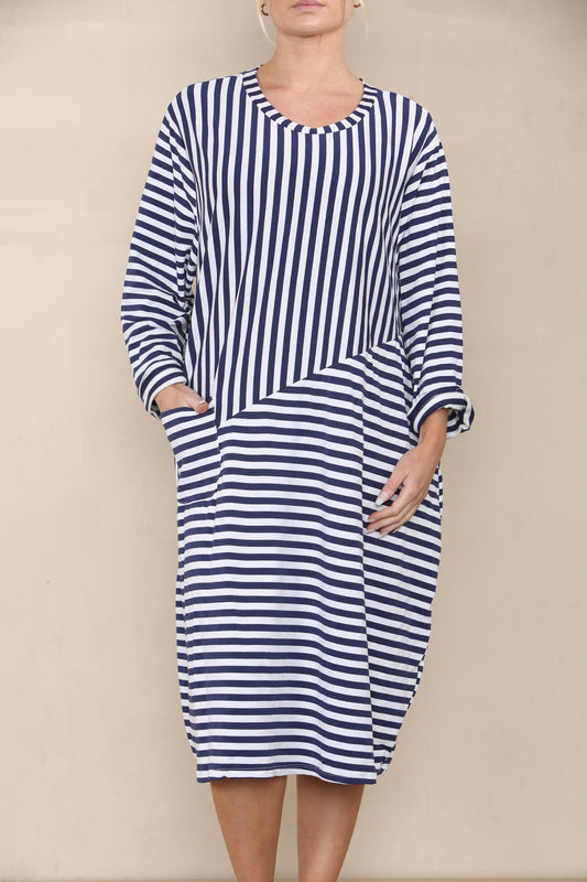 CONTRAST STRIPED DRESS NAVY
