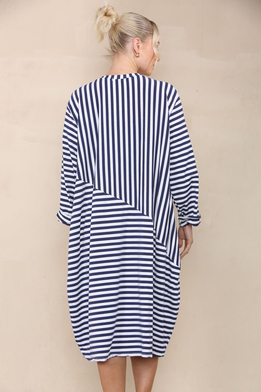 CONTRAST STRIPED DRESS NAVY