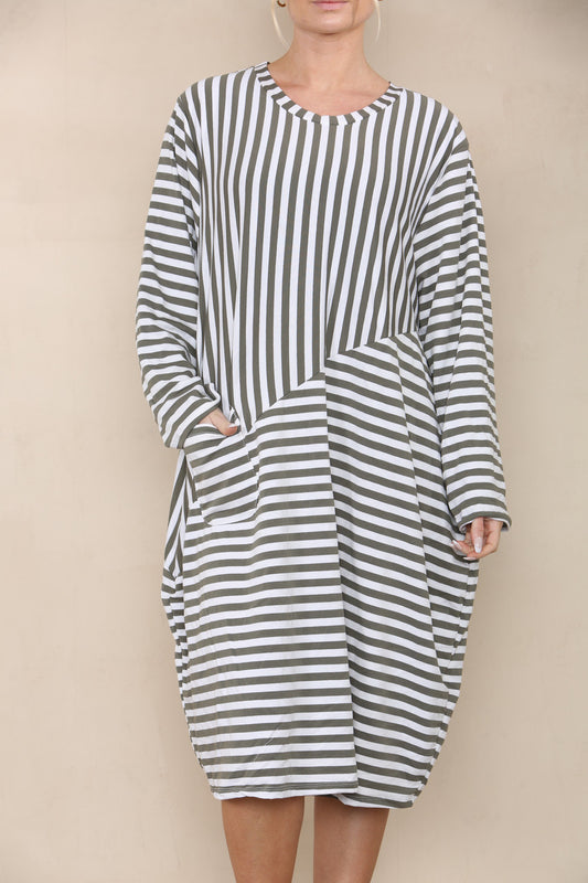 CONTRAST STRIPED DRESS KHAKI