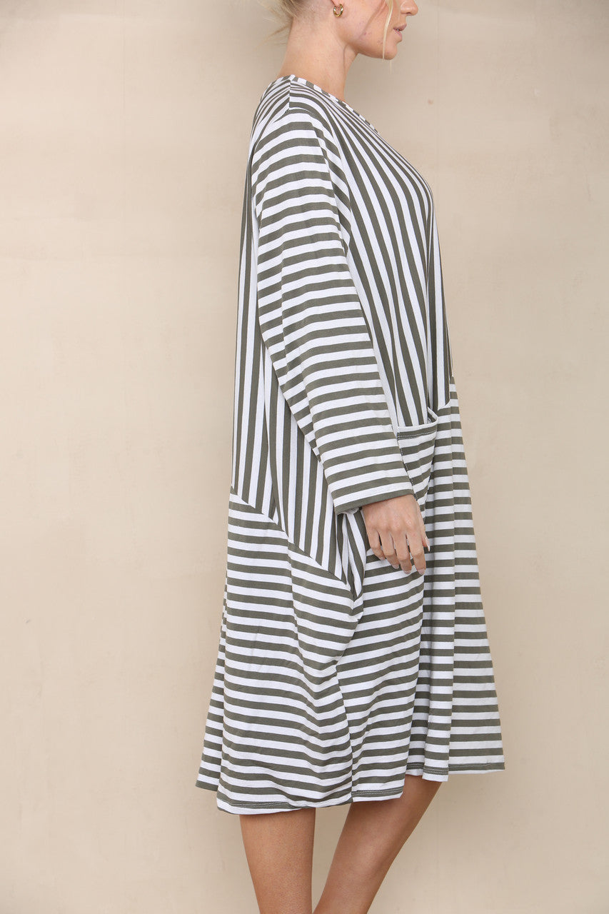 CONTRAST STRIPED DRESS KHAKI