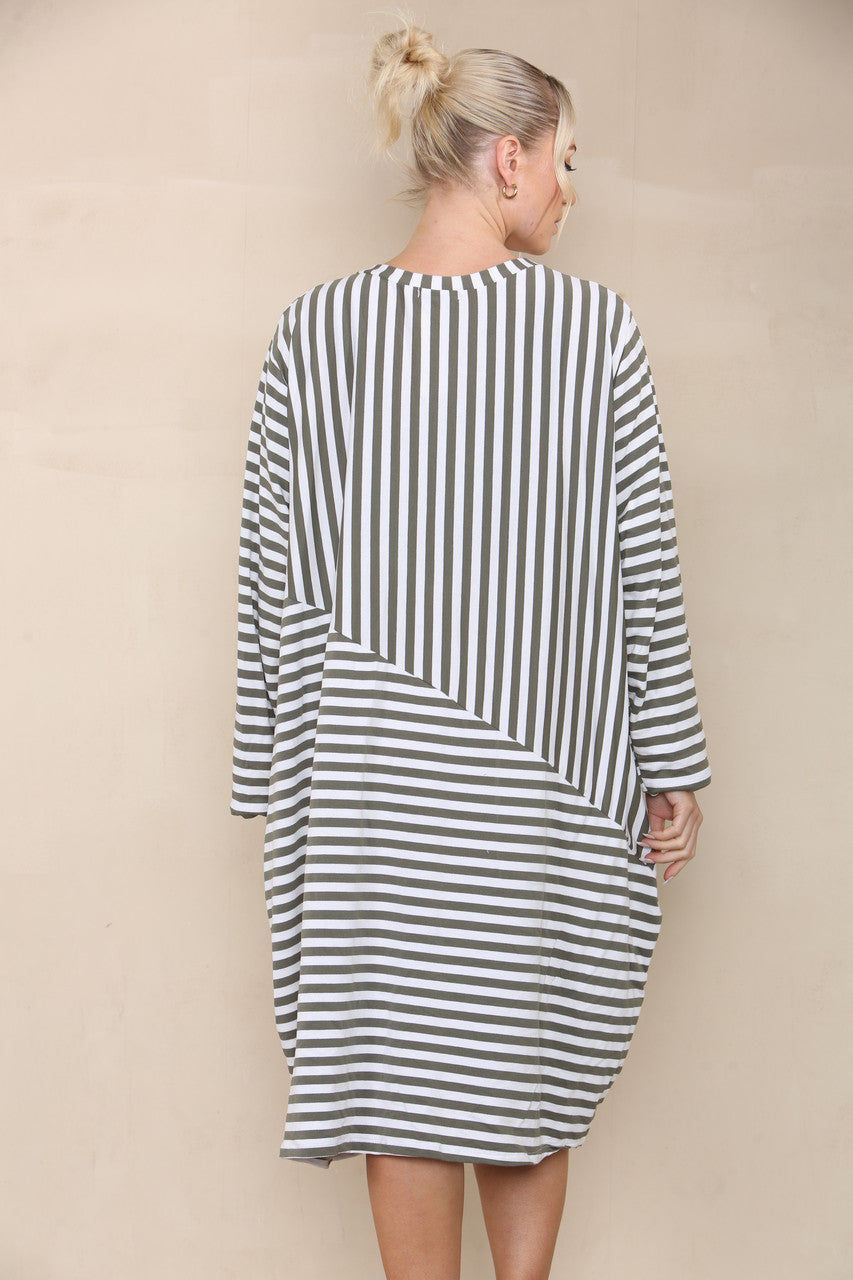 CONTRAST STRIPED DRESS KHAKI