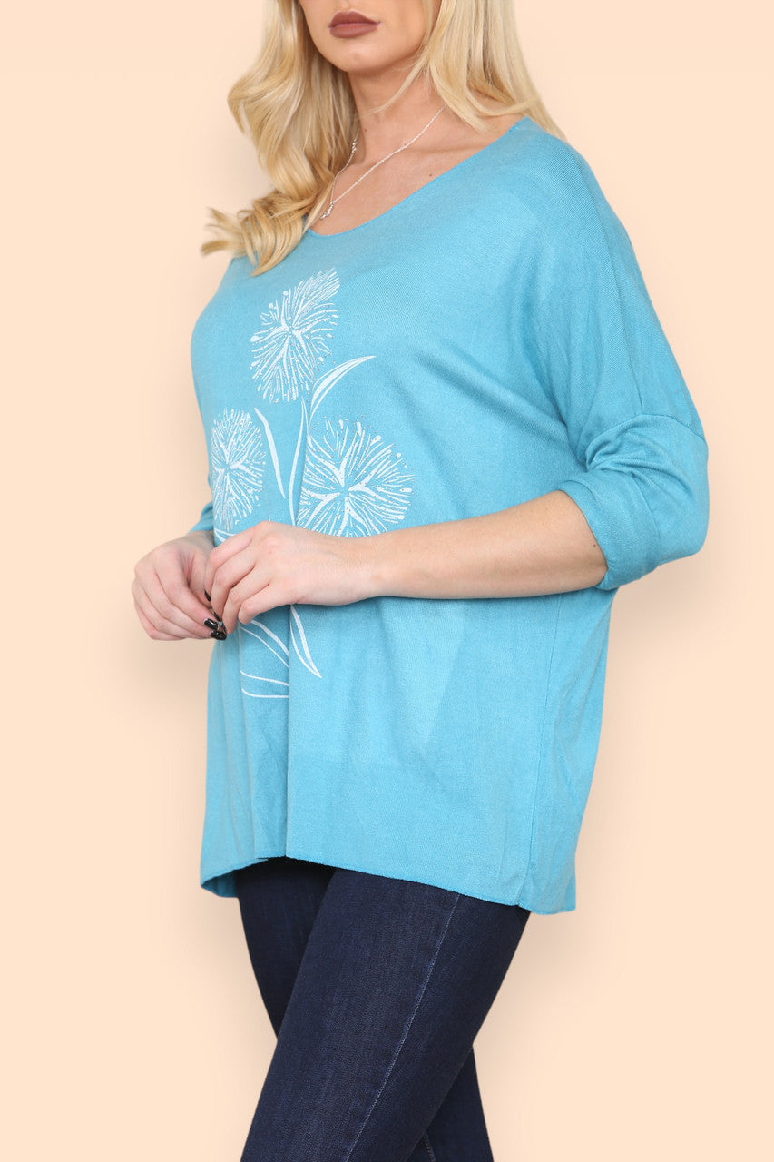 DANDELION OUTLINE FINE KNIT TOP TURQUOISE