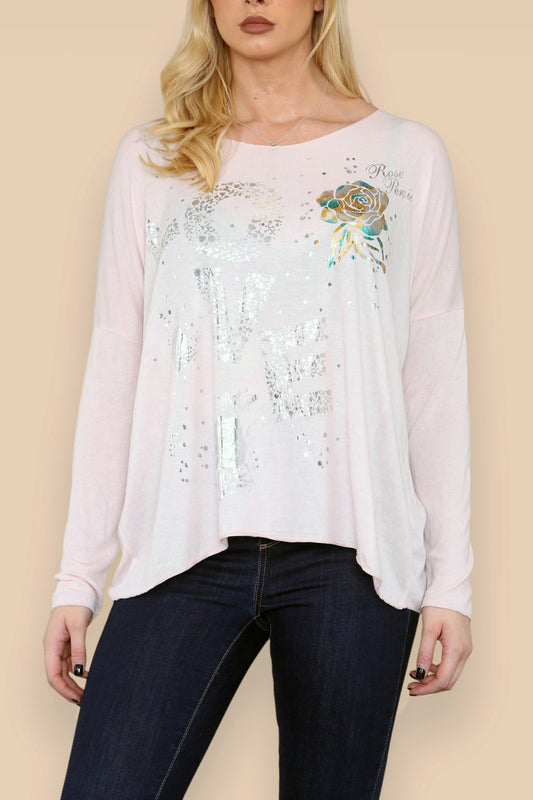 FOIL LOVE ROSE GRAPHIC FINE KNIT TOP DUSTY PINK