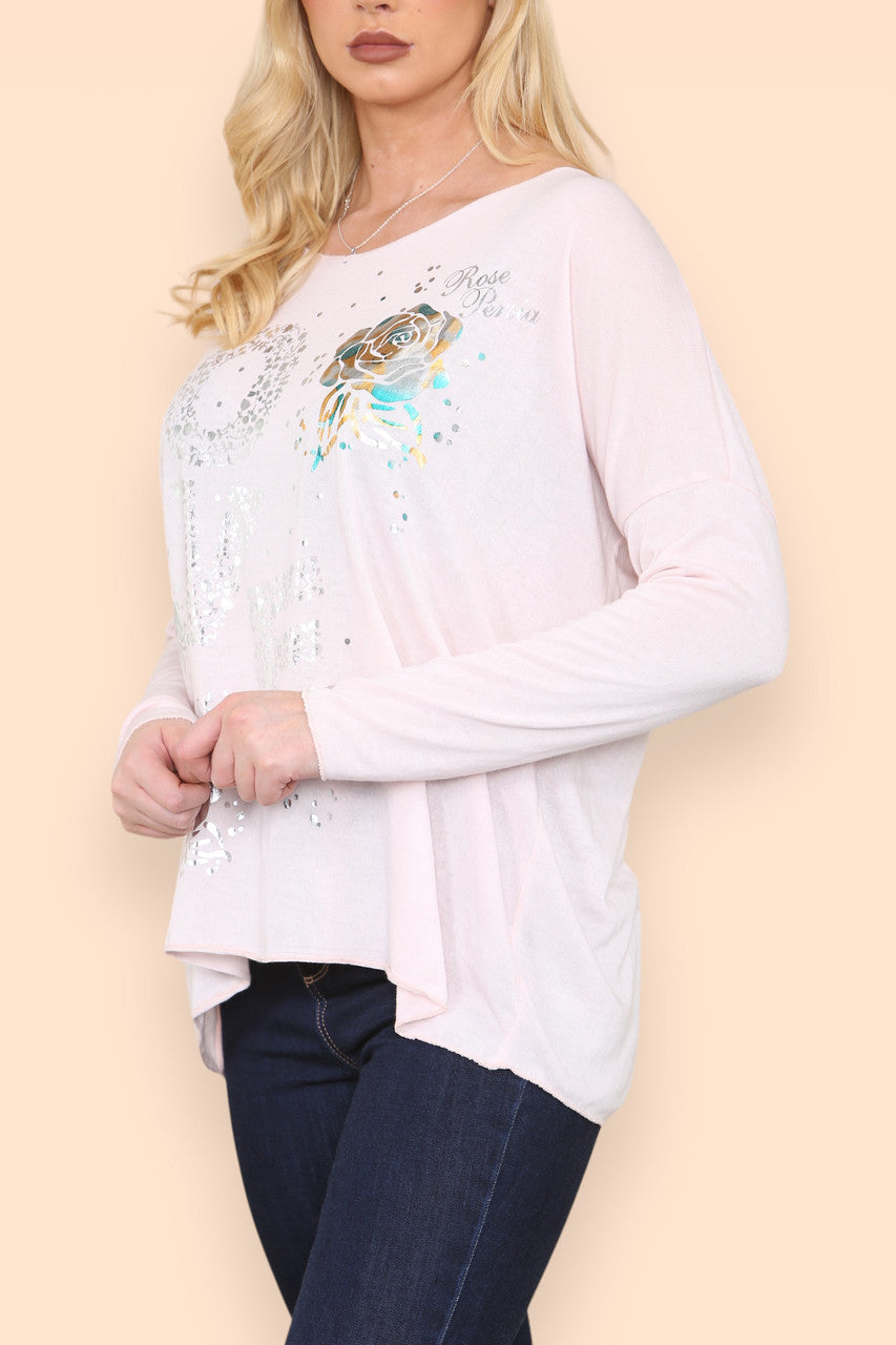 FOIL LOVE ROSE GRAPHIC FINE KNIT TOP DUSTY PINK