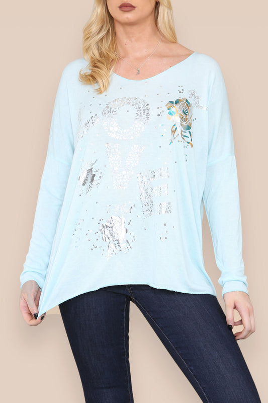 FOIL LOVE ROSE GRAPHIC FINE KNIT TOP LIGHT BLUE