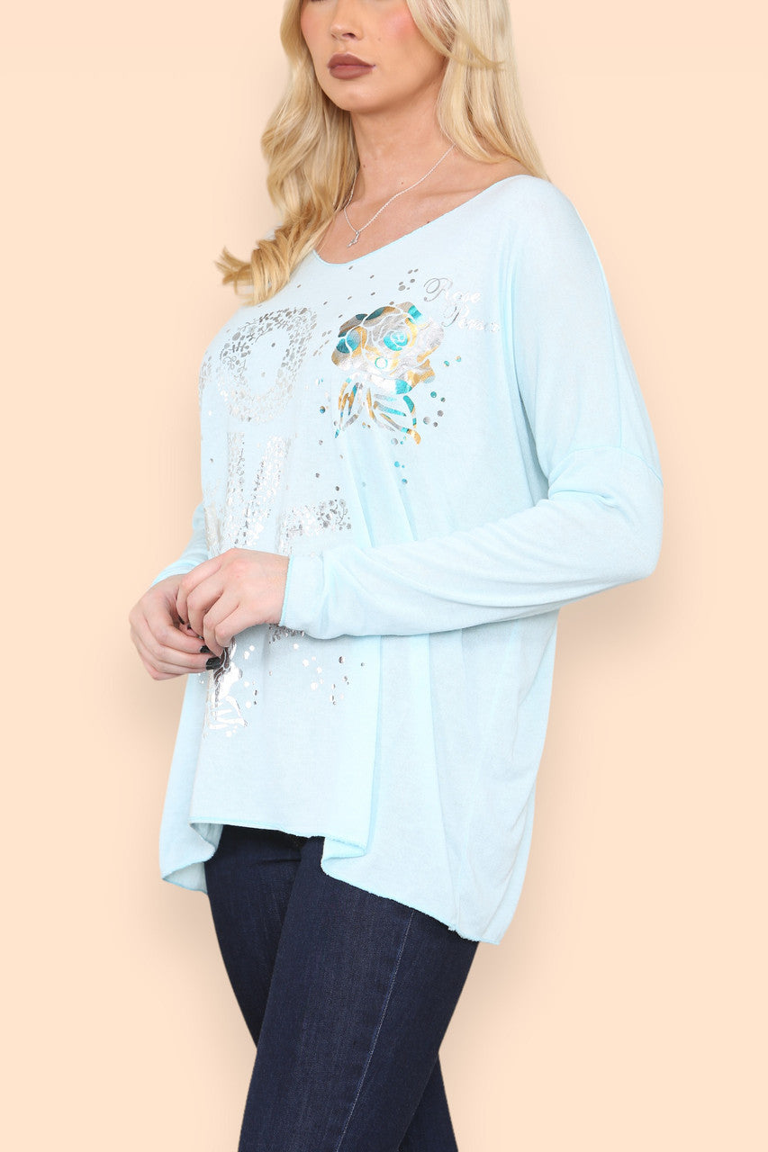 FOIL LOVE ROSE GRAPHIC FINE KNIT TOP LIGHT BLUE