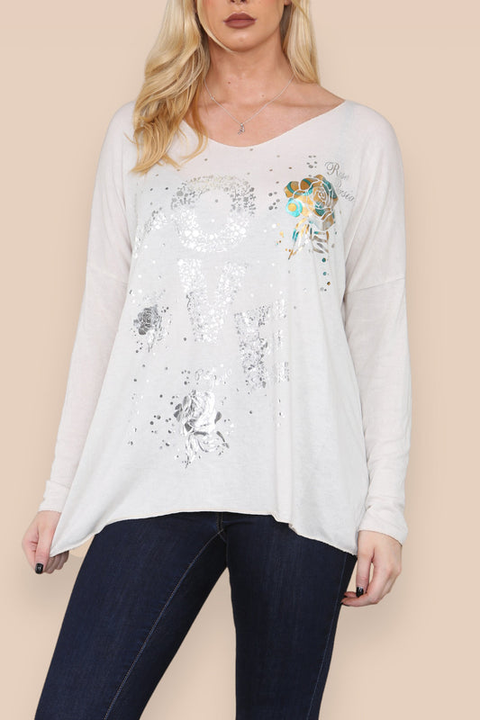 FOIL LOVE ROSE GRAPHIC FINE KNIT TOP STONE
