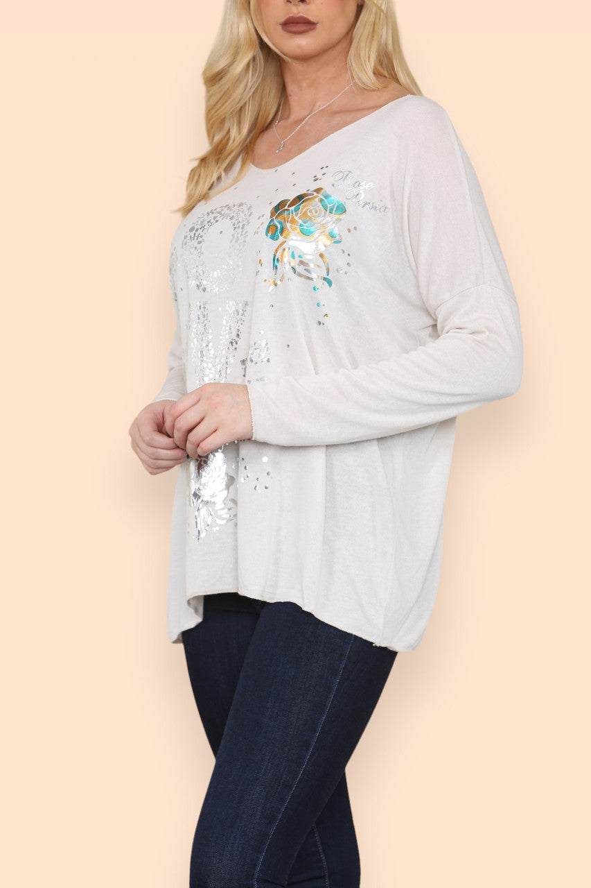 FOIL LOVE ROSE GRAPHIC FINE KNIT TOP STONE