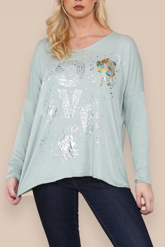 FOIL LOVE ROSE GRAPHIC FINE KNIT TOP SAGE GREEN