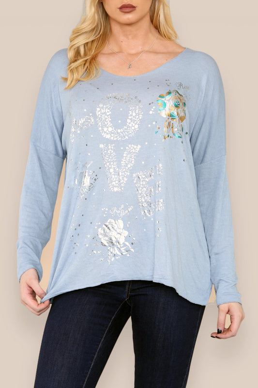 FOIL LOVE ROSE GRAPHIC FINE KNIT TOP DENIM