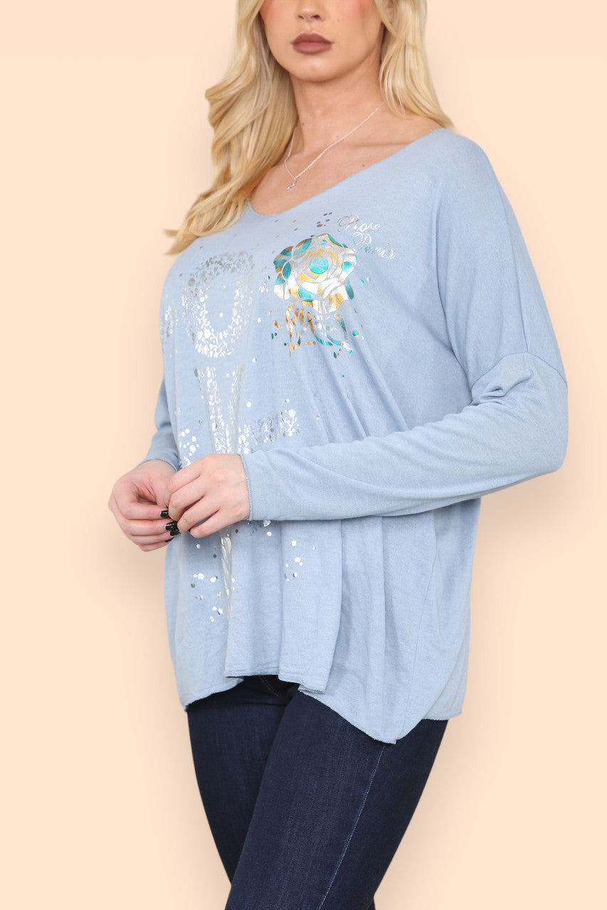 FOIL LOVE ROSE GRAPHIC FINE KNIT TOP DENIM