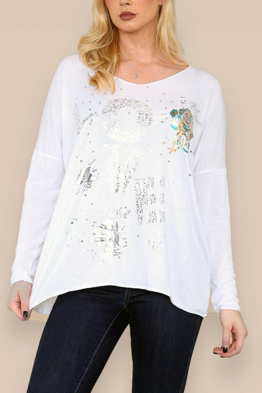 FOIL LOVE ROSE GRAPHIC FINE KNIT TOP WHITE