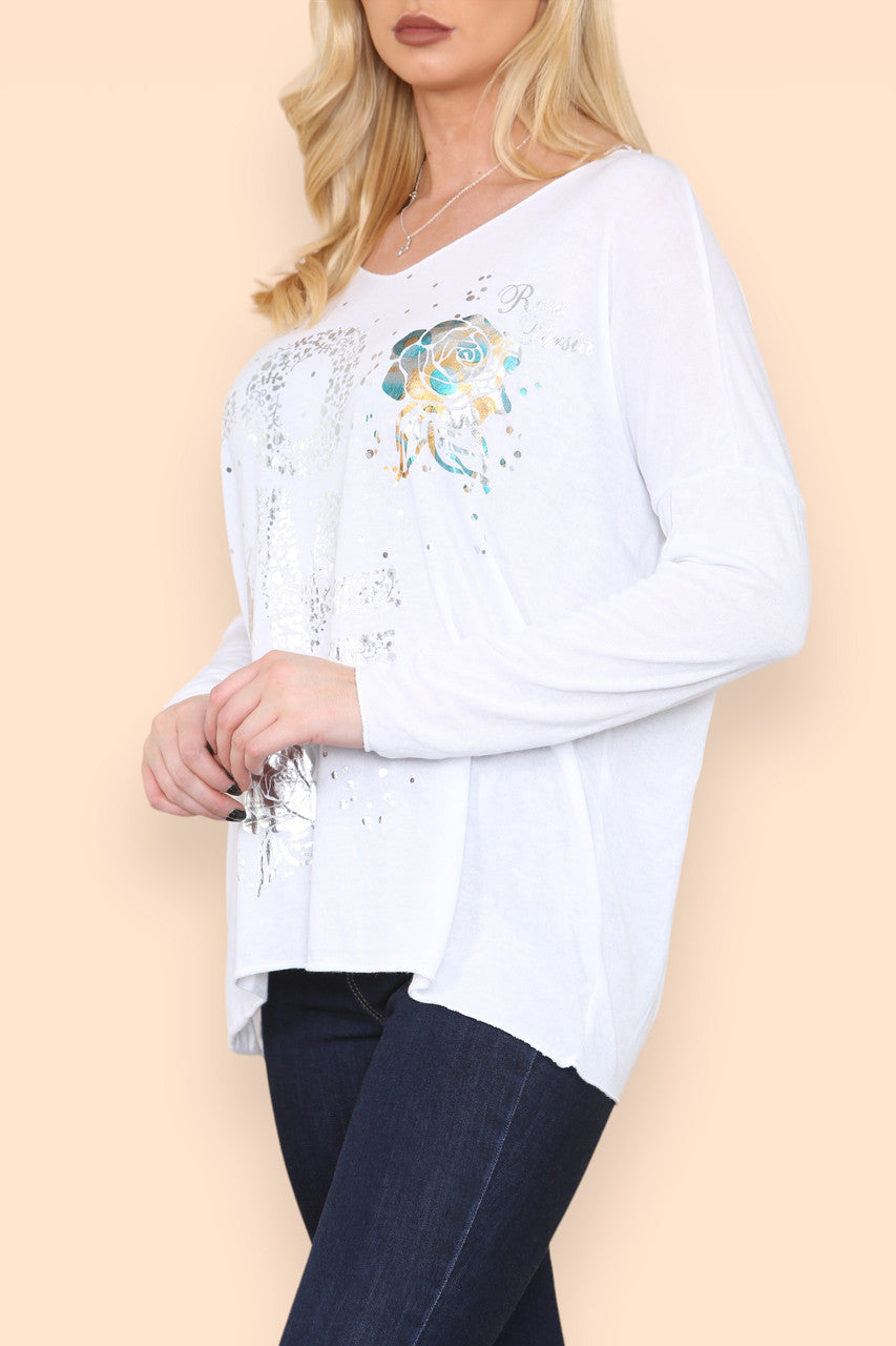 FOIL LOVE ROSE GRAPHIC FINE KNIT TOP WHITE