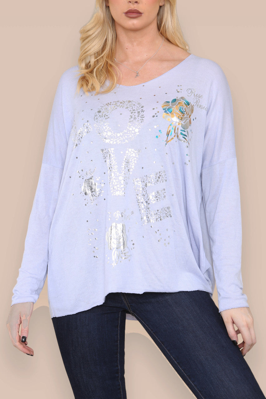 FOIL LOVE ROSE GRAPHIC FINE KNIT TOP LILAC