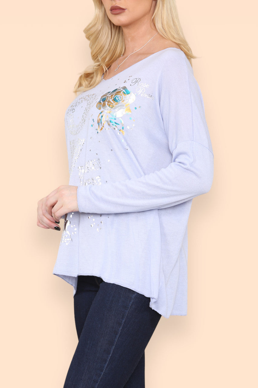 FOIL LOVE ROSE GRAPHIC FINE KNIT TOP LILAC