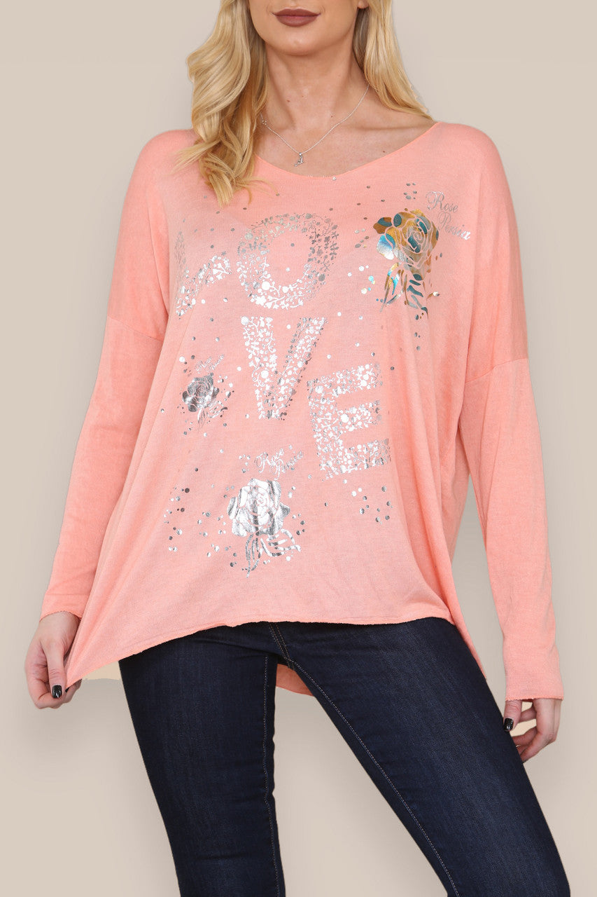 FOIL LOVE ROSE GRAPHIC FINE KNIT TOP CORAL
