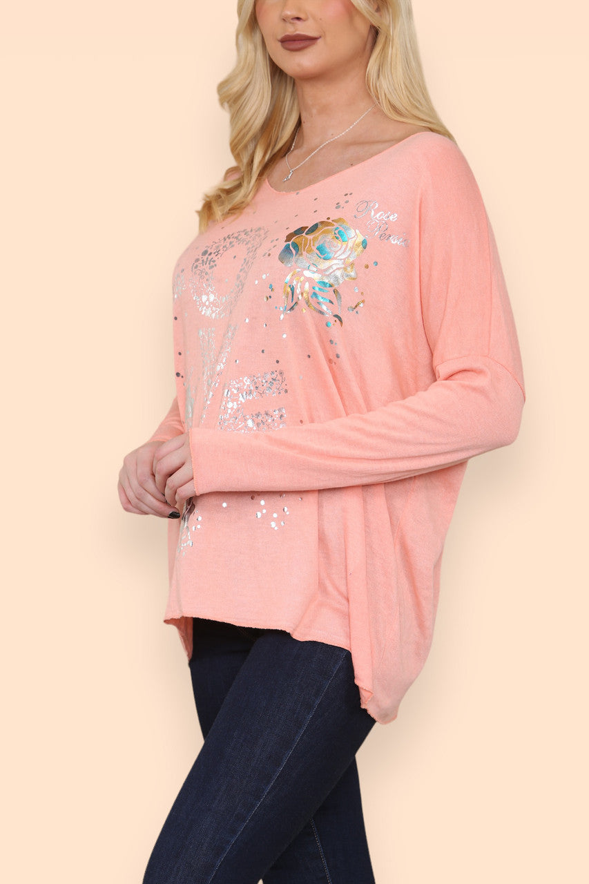 FOIL LOVE ROSE GRAPHIC FINE KNIT TOP CORAL