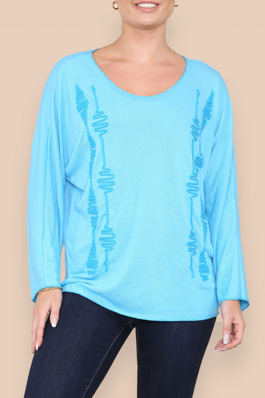 SQUIGGLE EMBROIDERY FINE KNIT TOP TURQUOISE