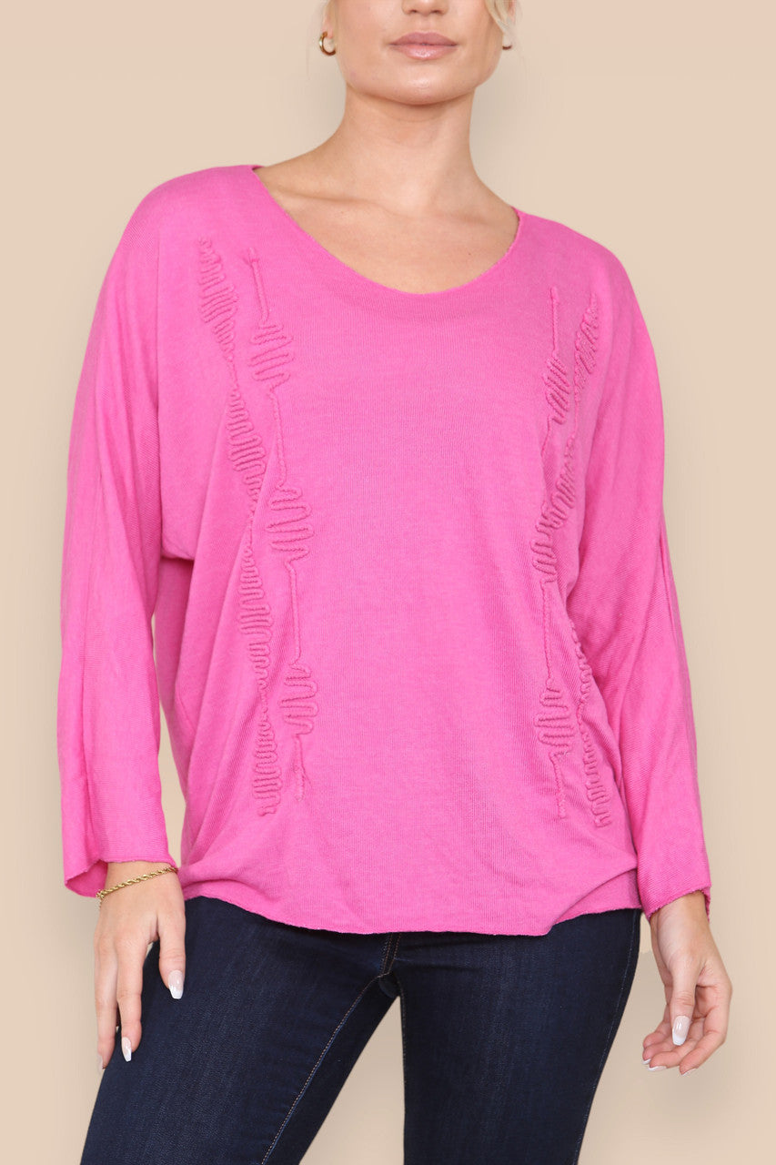 SQUIGGLE EMBROIDERY FINE KNIT TOP CERISE