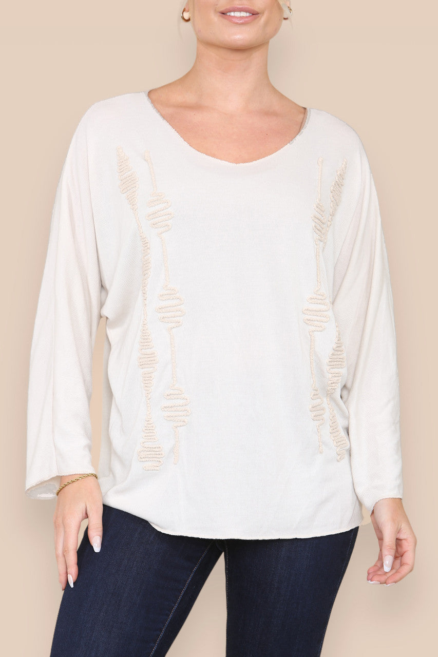 SQUIGGLE EMBROIDERY FINE KNIT TOP STONE