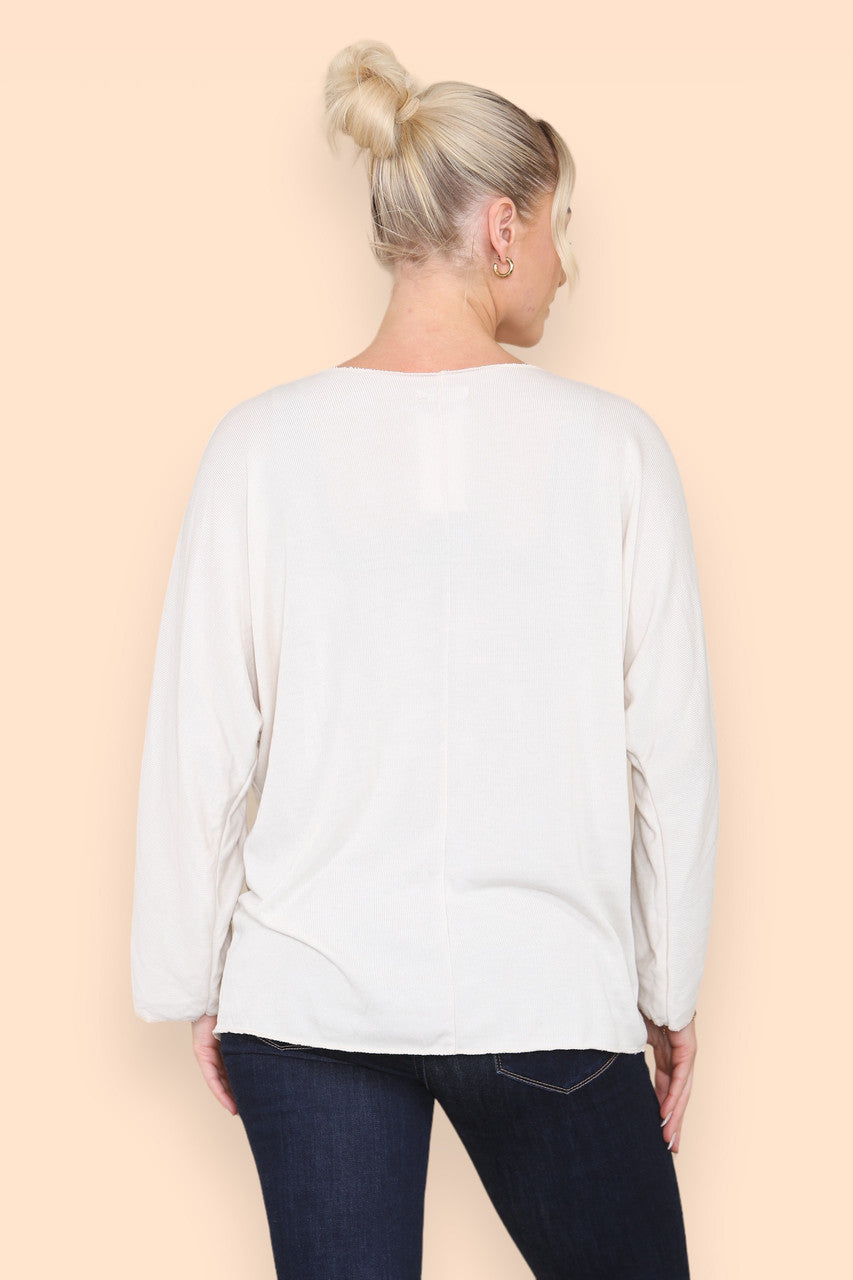 SQUIGGLE EMBROIDERY FINE KNIT TOP STONE