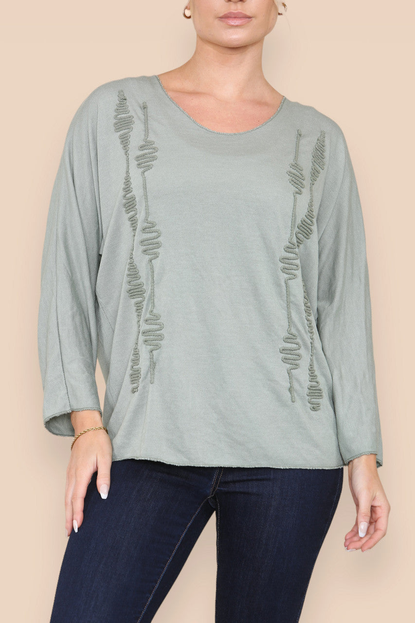 SQUIGGLE EMBROIDERY FINE KNIT TOP KHAKI