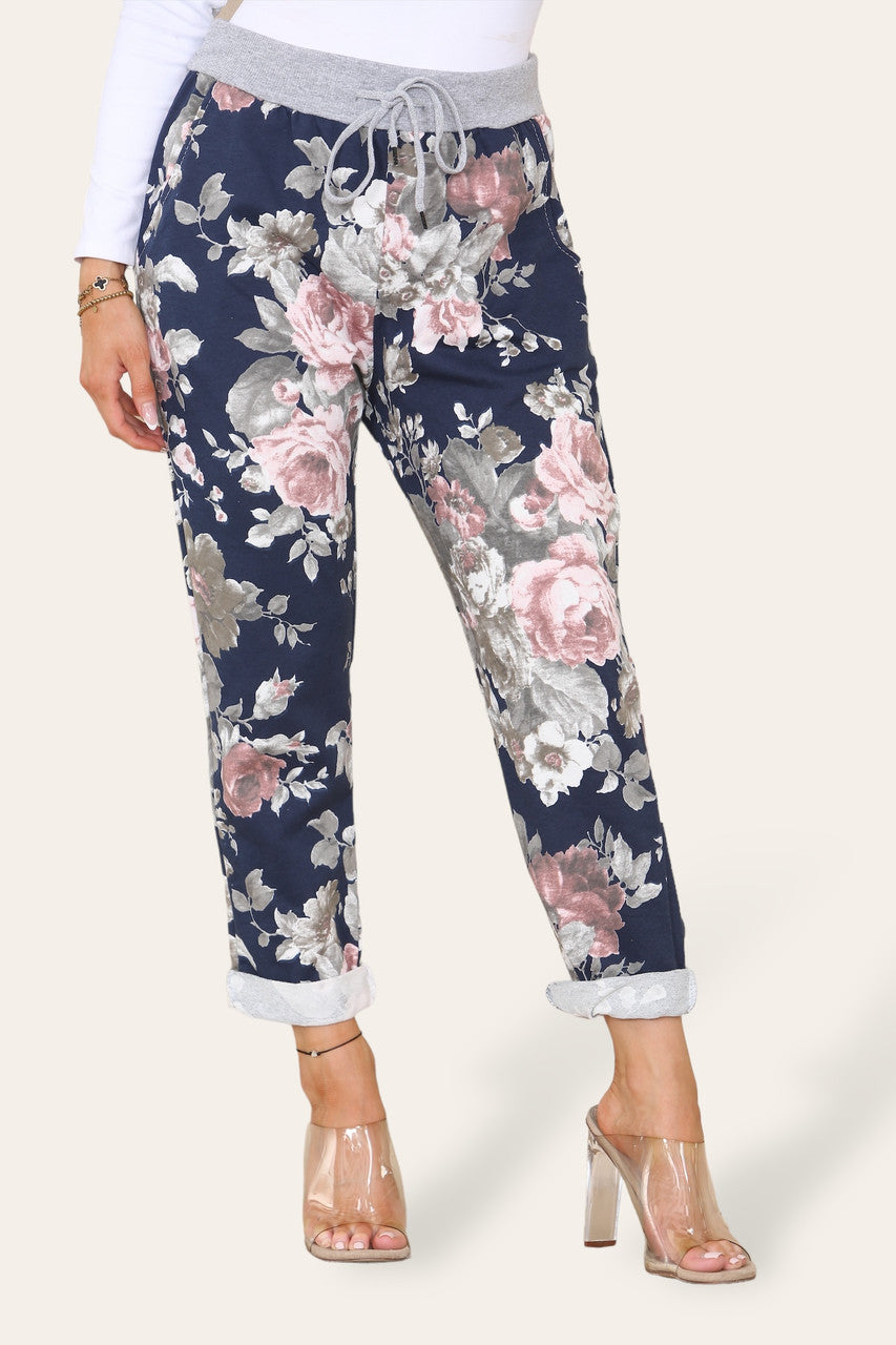 BROEK MET BLOEMENPAARDENBLOEMPRINT - NAVY