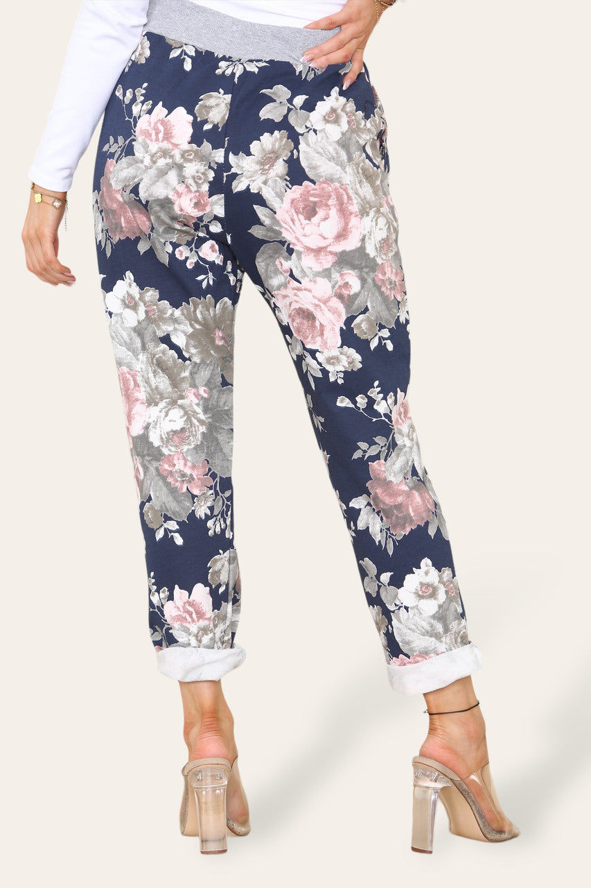 BROEK MET BLOEMENPAARDENBLOEMPRINT - NAVY