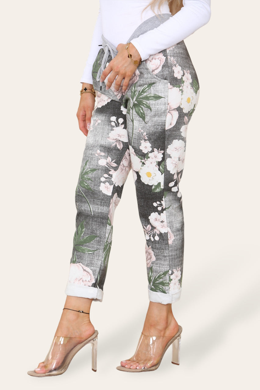 FLORAL STEM MIX PRINT JOGGING PANT TROUSERS GREY