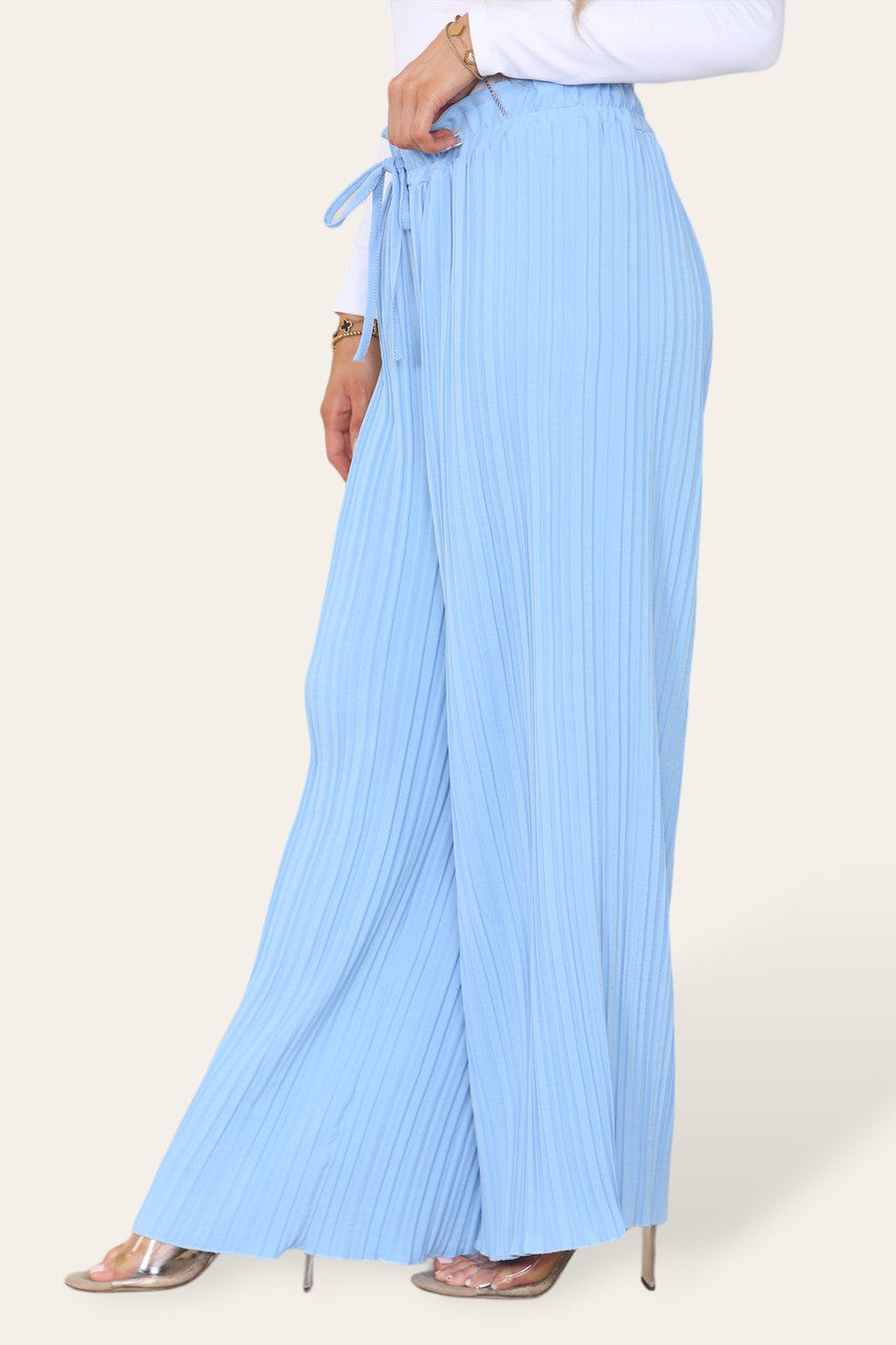 WIJDE PIJP PLISSÉ GEPLOOIDE BROEK MET ELASTISCHE TAILLE LICHTBLAUW