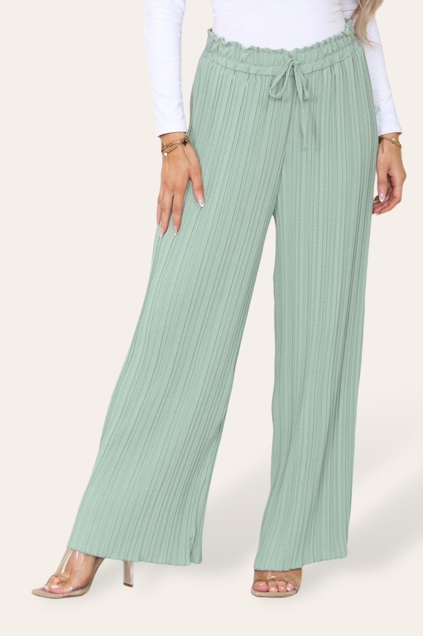 WIDE LEG PLISSE PLEATED ELASTICATED WAIST TROUSERS SAGE GREEN