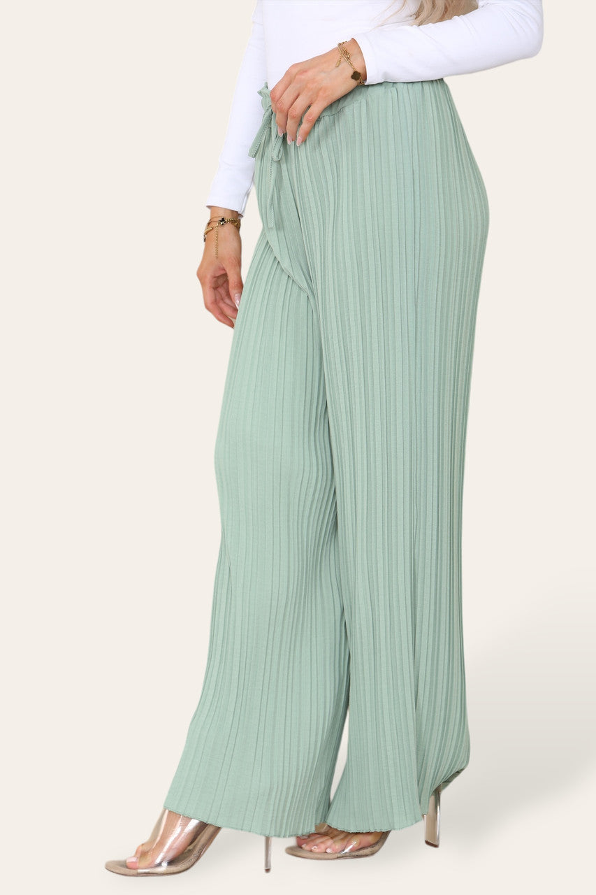 WIDE LEG PLISSE PLEATED ELASTICATED WAIST TROUSERS SAGE GREEN