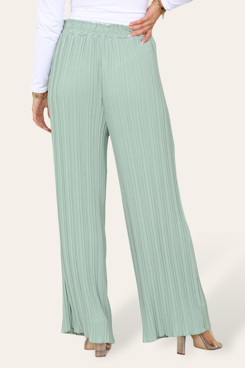 WIDE LEG PLISSE PLEATED ELASTICATED WAIST TROUSERS SAGE GREEN