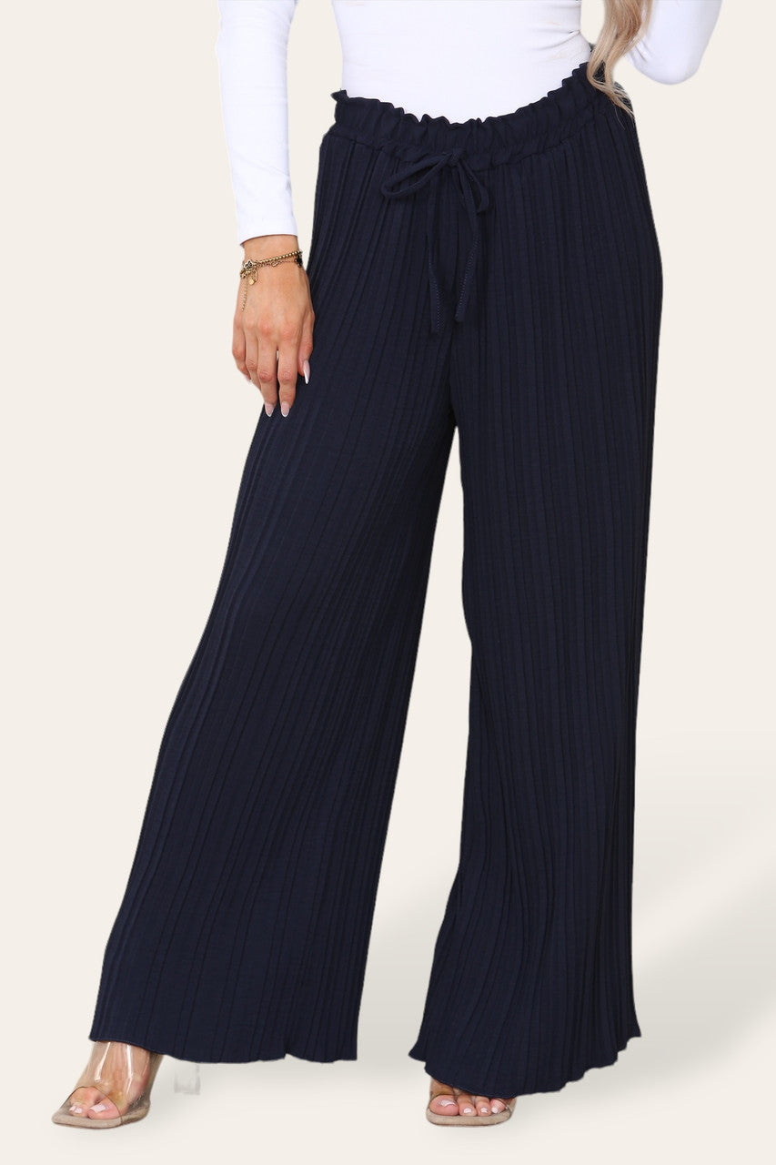 WIDE LEG PLISSE PLEATED ELASTICATED WAIST TROUSERS NAVY